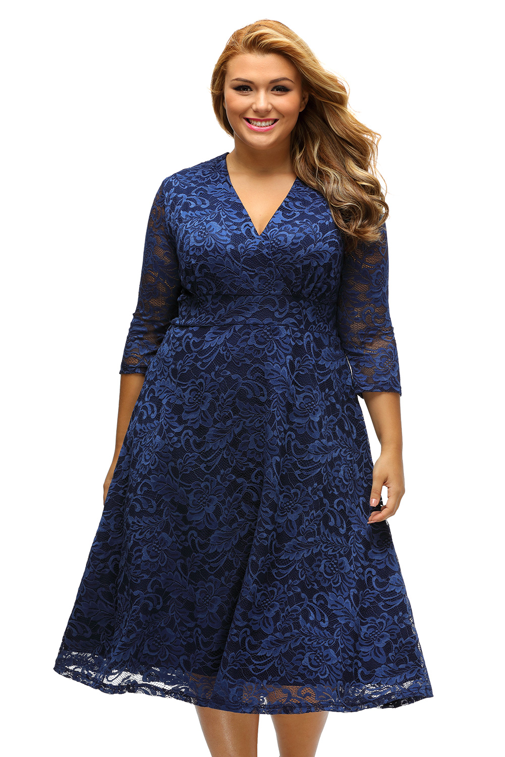 BY61442-5 Navy Blue Plus Size Surplice Lace Formal Skater Dress